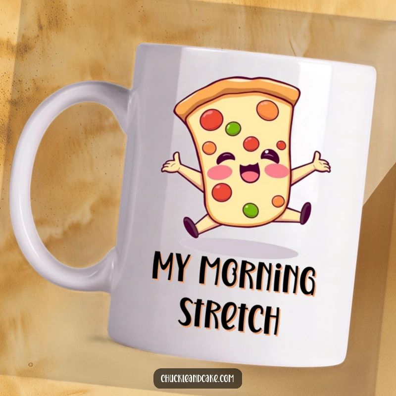 Funny mug featuring a giggling pizza slice performing a clumsy, wide split with humorous abandon and cheesy delight.