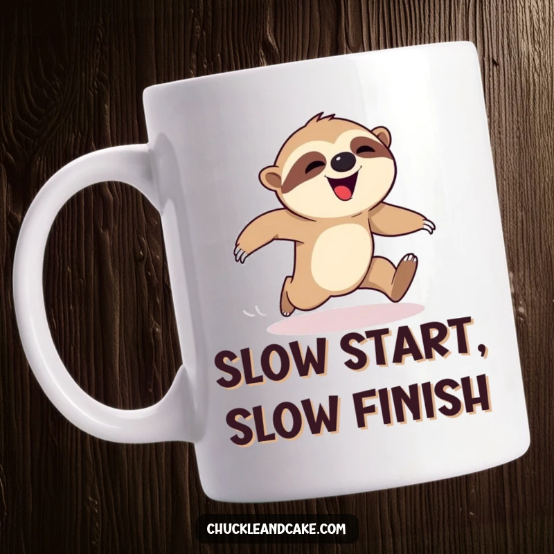 Funny sloth mug, happy sloth attempting to run a race and falling over, humorous motivational art, cute animal clumsiness, ideal funny gift.
