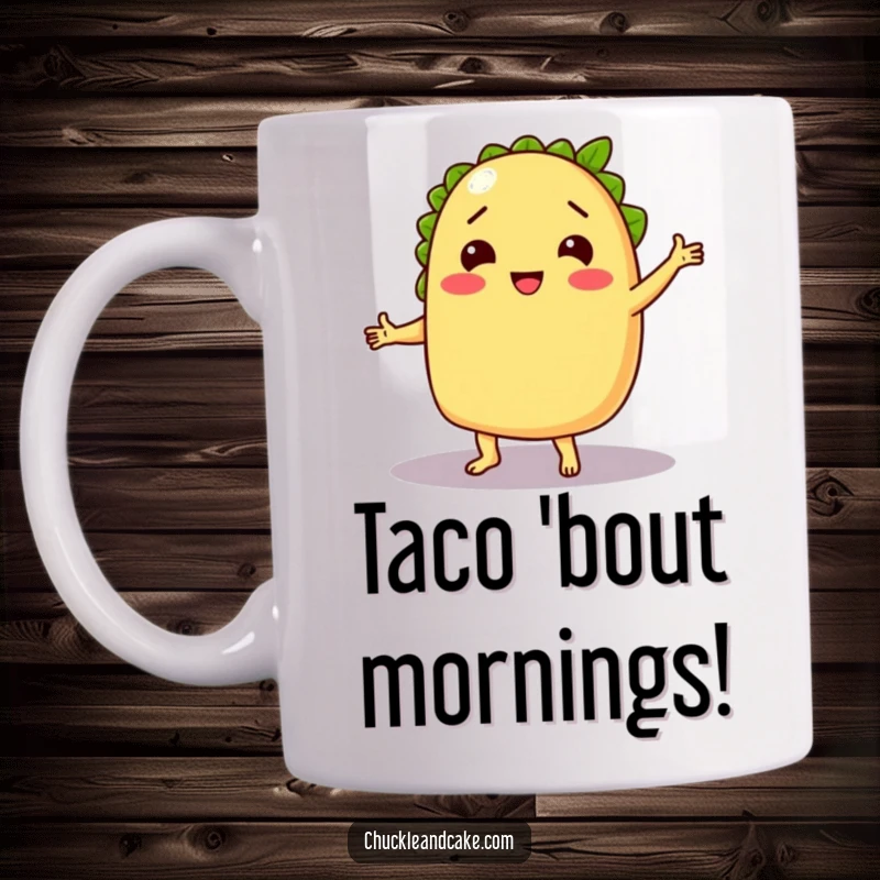 Funny mug featuring a chuckling taco joyfully dancing with a lime as its partner, adding a festive vibe.