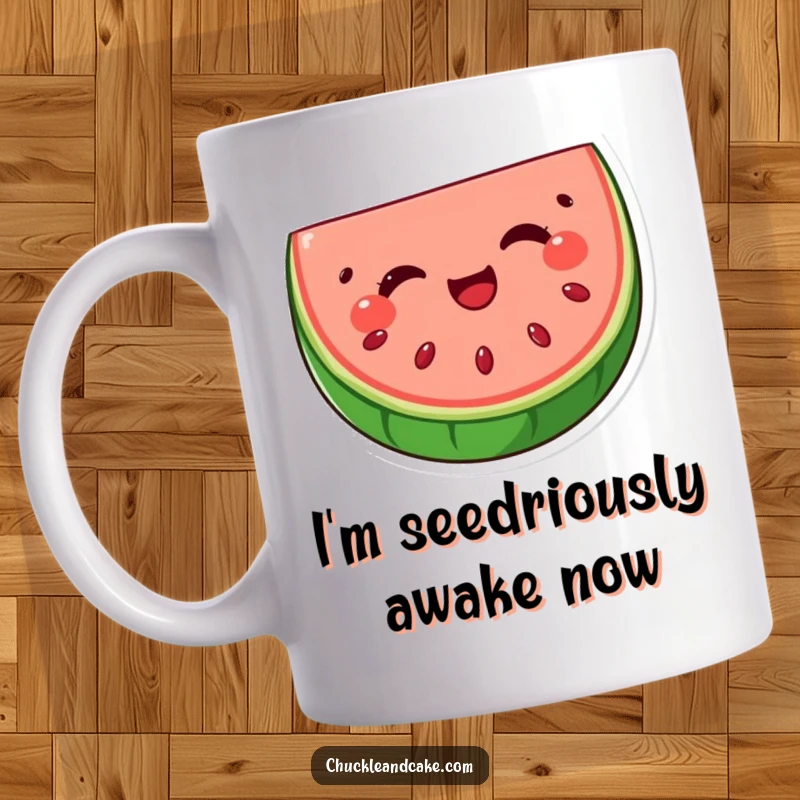 Funny watermelon slice mug with seeds winking playfully, exuding a cheerful and mischievous personality, ideal for a humorous beverage experience.