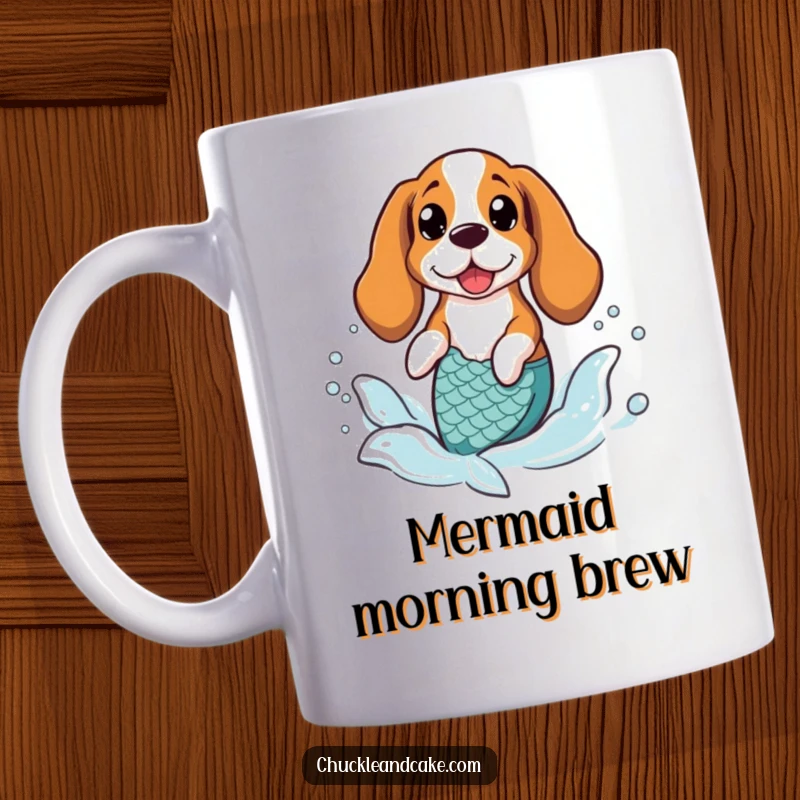 Funny Basset Hound wearing a mermaid tail, splashing playfully in gentle waves, looking magical on a mug.
