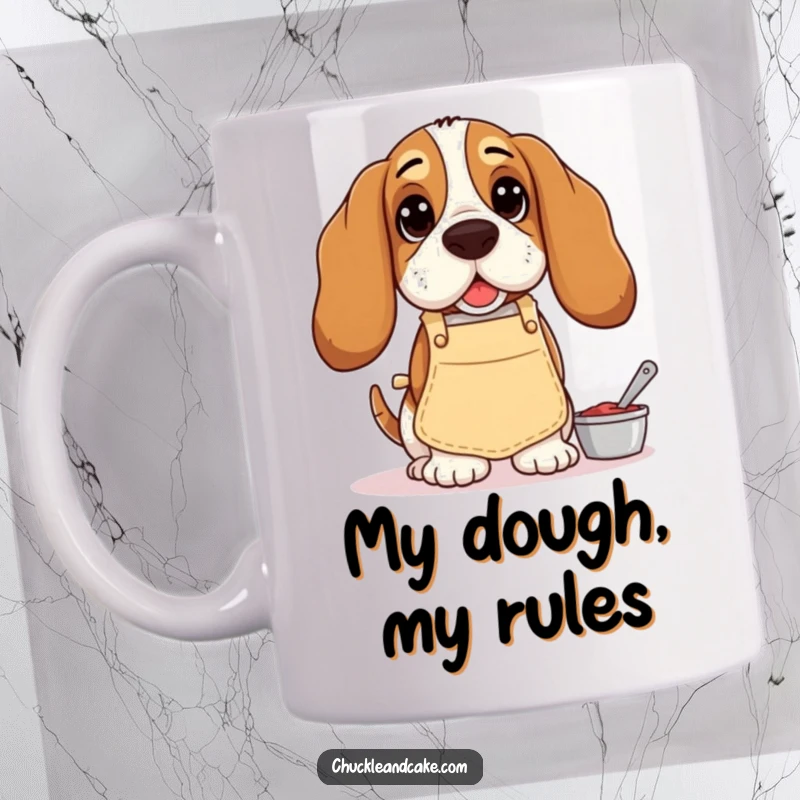 Funny Basset Hound mug with droopy ears, wearing a small apron, enthusiastically baking with a determined expression.