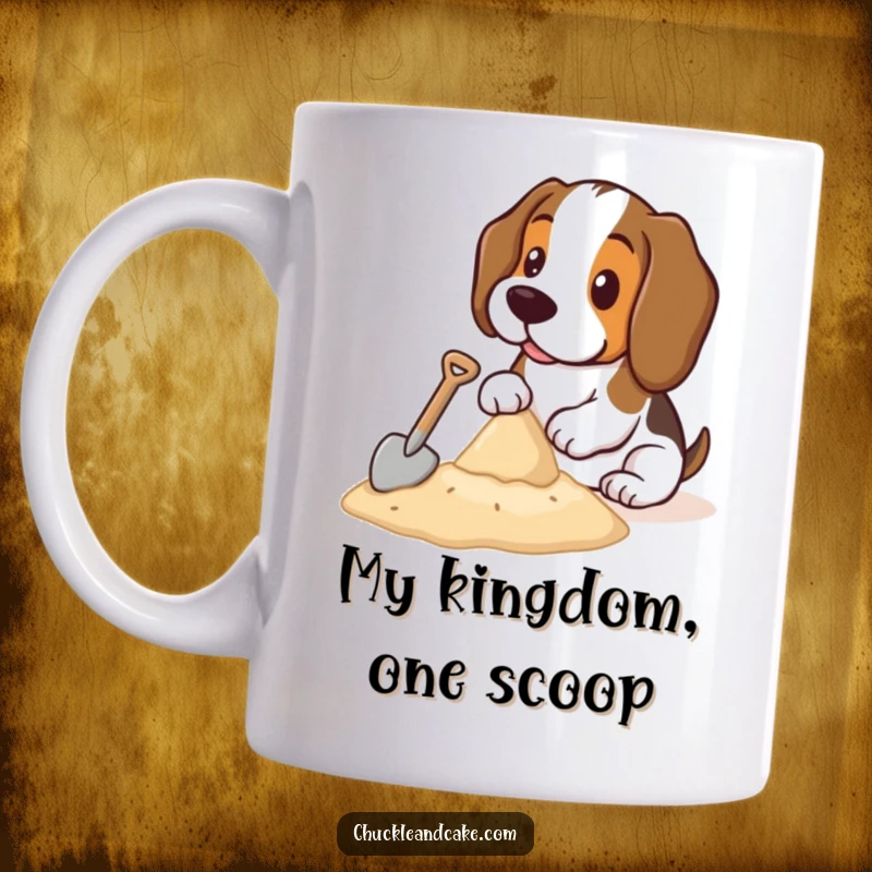 Funny Basset Hound mug with a determined Basset Hound using a tiny shovel to build a sandcastle on the beach, conveying playful effort.