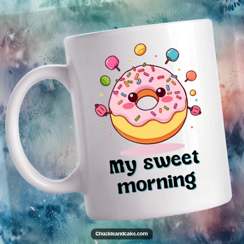 Funny mug featuring a joyful donut with sprinkles, expertly juggling colorful candies with a happy expression.