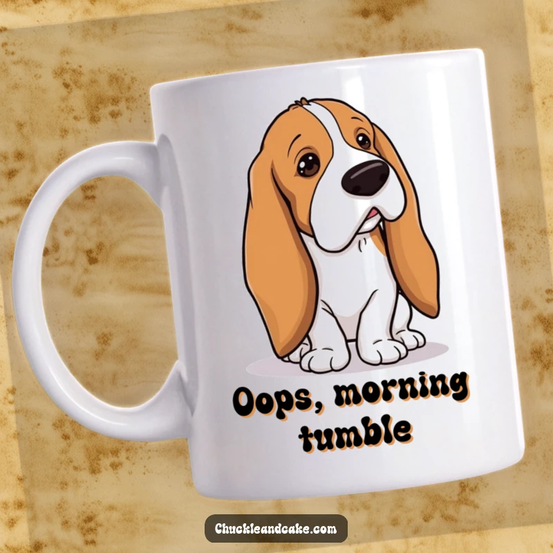 Funny Basset Hound with droopy ears tripping over its own long ears, clumsy dog mug, humorous pet antics, perfect funny gift for dog moms.