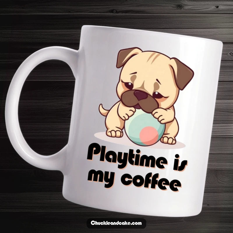 Funny mug featuring a Bullmastiff dog gently nudging a bouncing ball, capturing a moment of playful interaction.