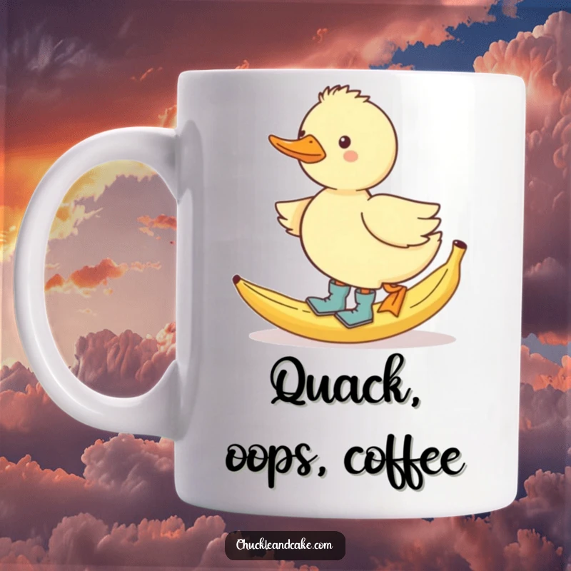 Funny waddling duck in tiny boots slipping comically on a banana peel, a humorous mug.
