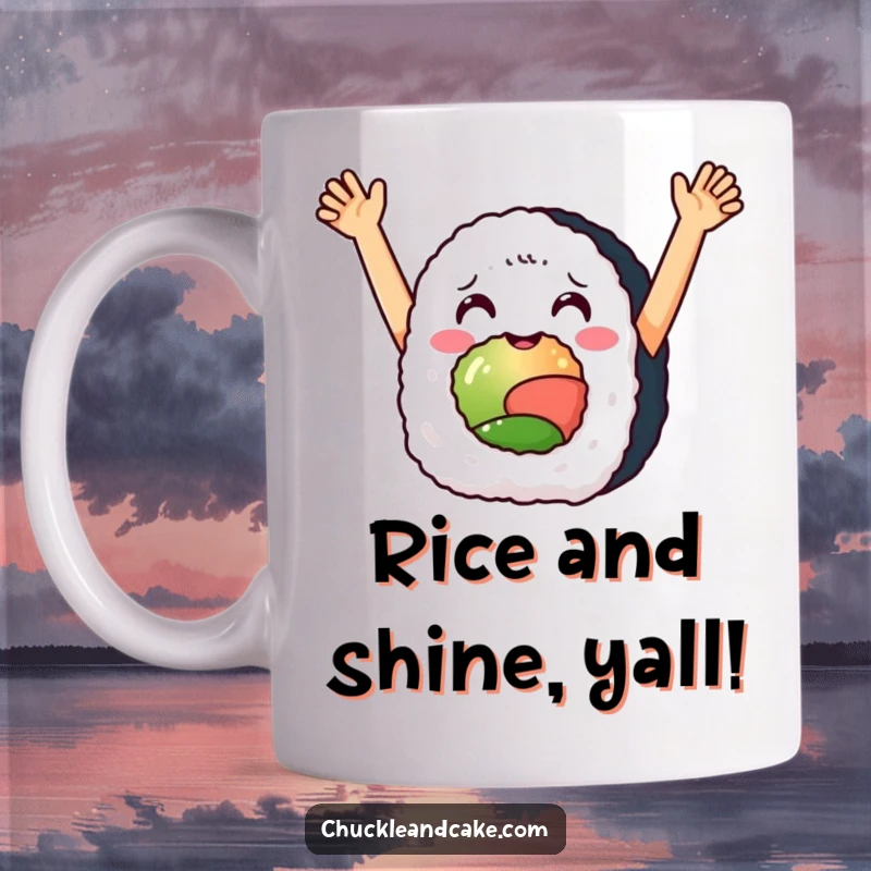 Funny mug showcasing a delighted sushi roll with its arms raised in joyful celebration, perfect for foodies.
