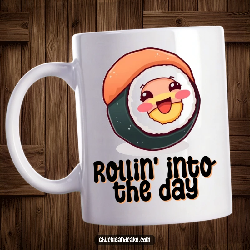 Funny mug featuring a beaming sushi roll happily spinning on its side, exuding pure joy and delight.