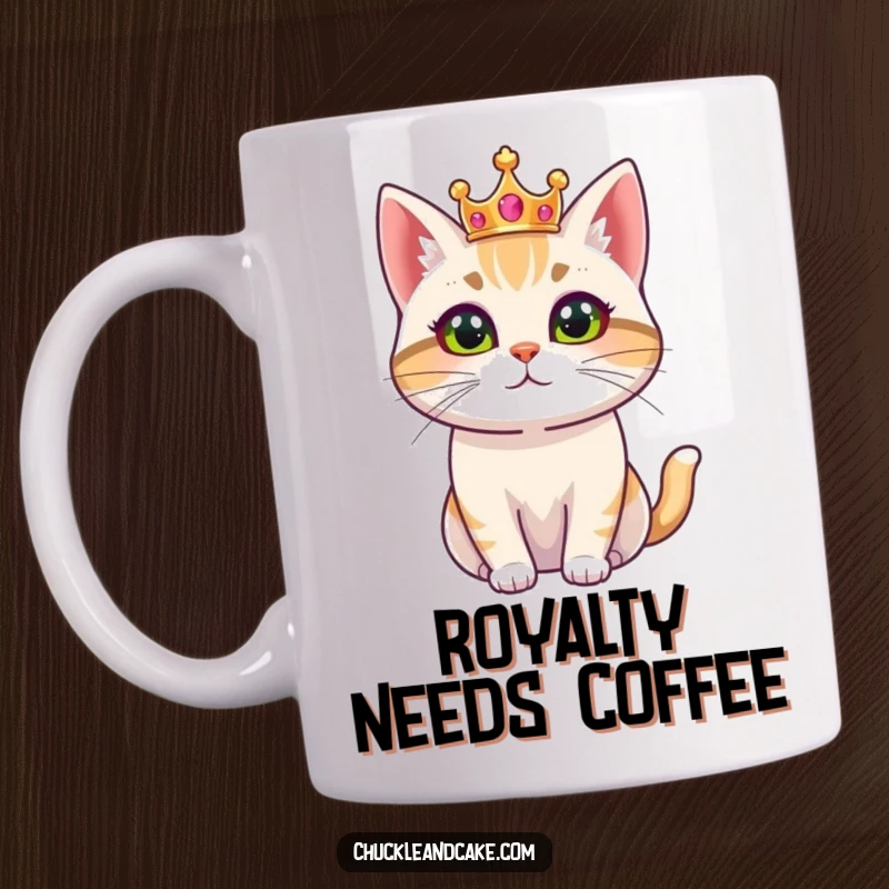 Funny mug featuring a Bobtail cat wearing a small crown, looking proud and regal, embodying feline royalty and sophistication.