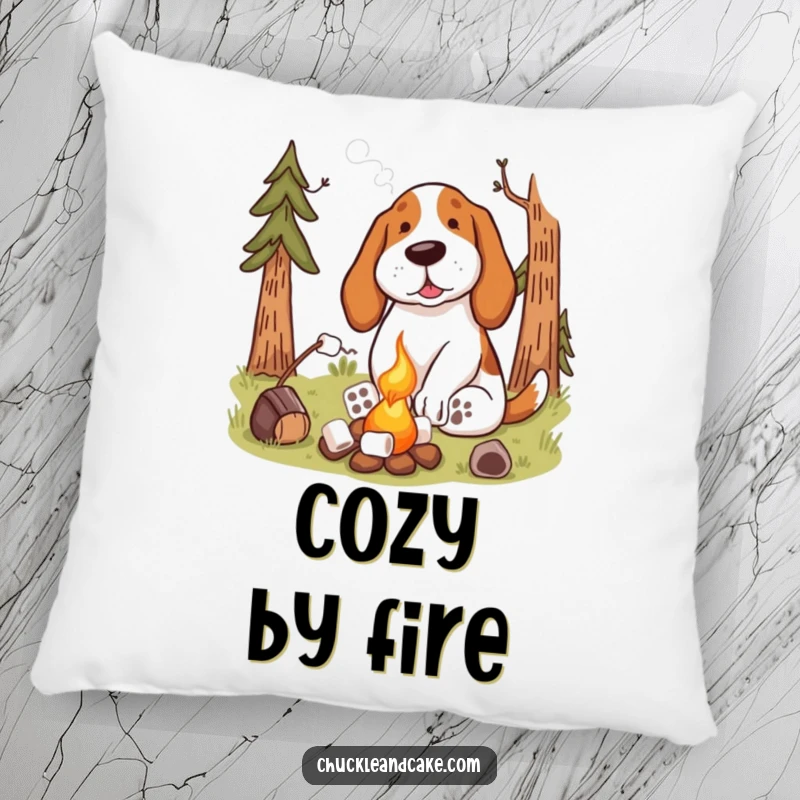 Funny Basset Hound Campfire Pillow featuring a dog toasting marshmallows, offering comfort and a touch of outdoor charm.