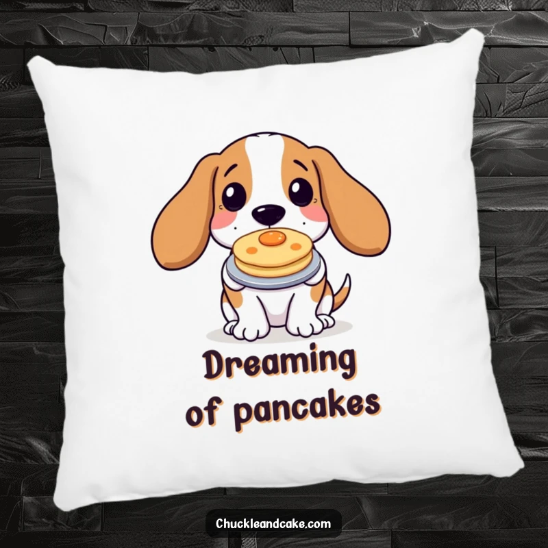 Funny Basset Hound Pancake Pillow featuring a proud dog with a tiny pancake, offering comfort and a humorous touch.