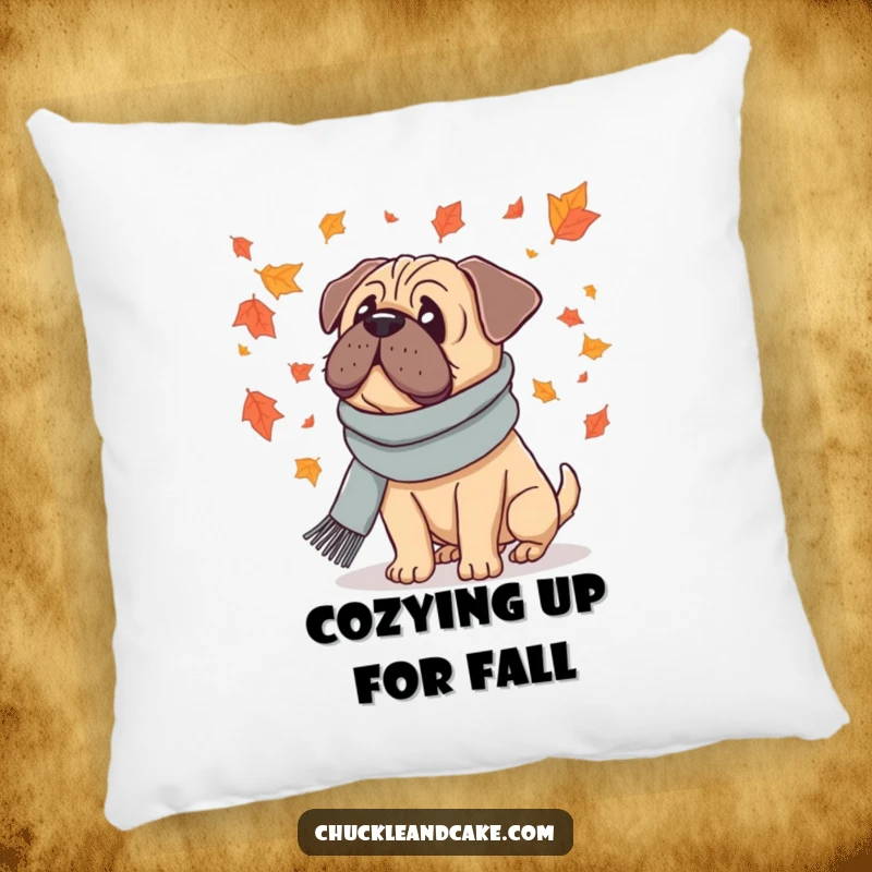 Funny pillow with a Bullmastiff dog in a scarf, watching falling leaves, adding cozy autumn charm to any room.