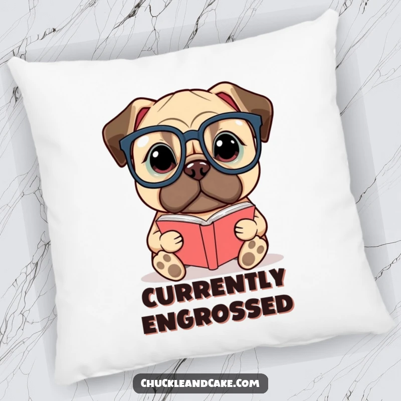 Funny Bullmastiff pillow depicting a dog wearing glasses and reading a small book, offering comfort and a touch of literary humor.