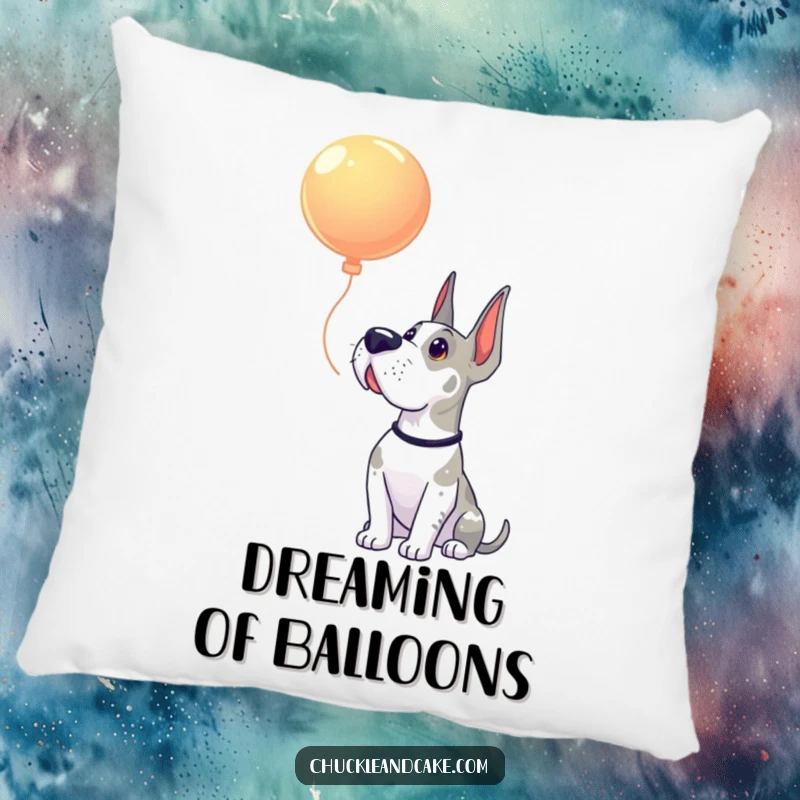 Funny Grand Dane pillow showcasing a dog's profile gazing upwards with gentle wonder at a delightful floating balloon.