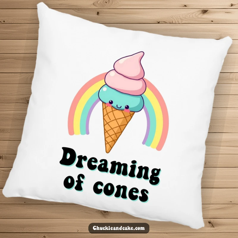 Funny Pillow: A plush ice cream cone slides down a rainbow, perfect for sweet dreams.