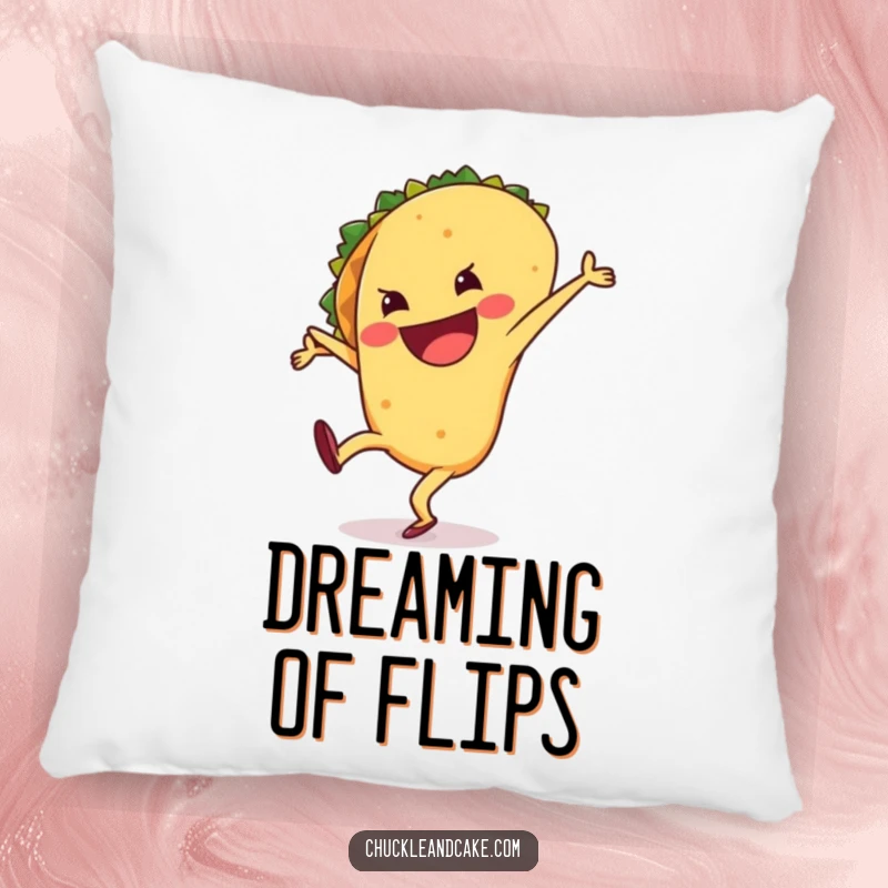Funny pillow designed as a happy, grinning taco mid-cartwheel, offering a soft and humorous decorative accent.