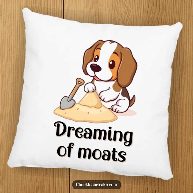 Funny Basset Hound pillow illustrating a Basset Hound with a tiny shovel, focused on building a sandcastle, adding a touch of whimsy.