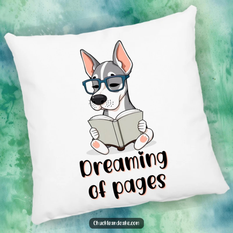 Funny Grand Dane Glasses Pillow: A Grand Dane wearing tiny glasses intently reads a book, offering cozy charm.