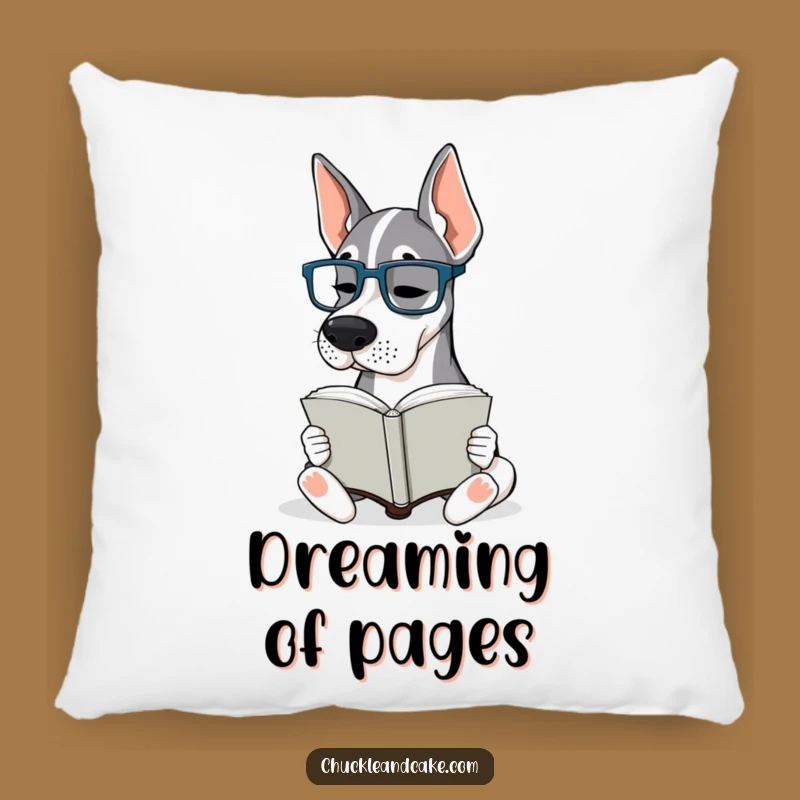 Funny Grand Dane Glasses Pillow: Cozy Bookish Dane Cushion, Hilarious Dog Decor!