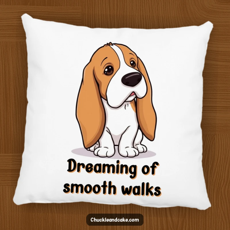 Funny Basset Hound with droopy ears tripping over its own long ears, clumsy dog pillow, droopy ears accent, soft funny gift.