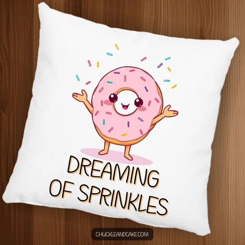 Funny pillow featuring a cheerful donut with small eyes, juggling a colorful shower of sprinkles.