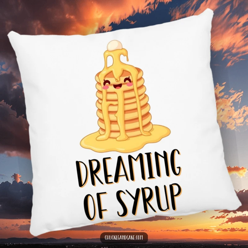 Funny pancake pillow featuring a happy stack of pancakes enjoying a syrup waterfall, offering plush comfort and breakfast joy.