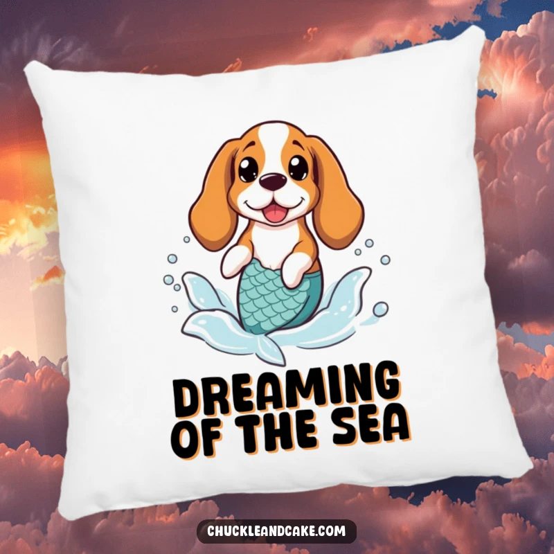 Funny Basset Hound wearing a mermaid tail, splashing in gentle waves, featured on a soft decorative pillow.