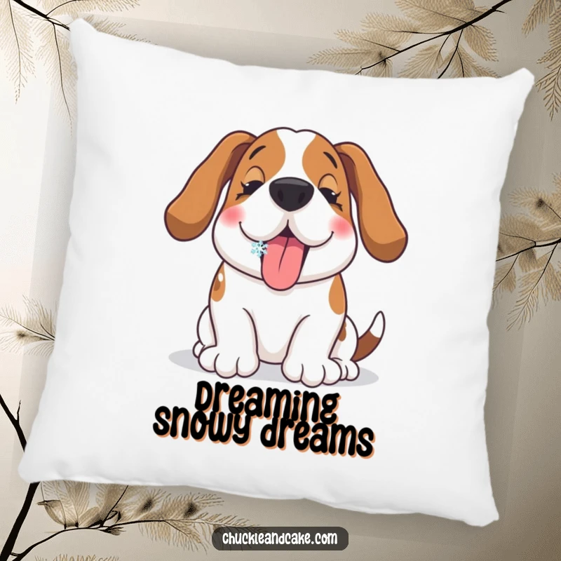 Funny Basset Hound pillow showing a happy dog catching a snowflake on its tongue, ideal for cozy comfort and decor.