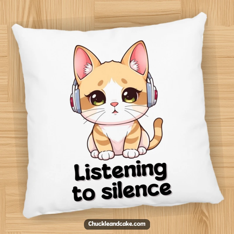 Funny pillow featuring a Bobtail cat wearing ear warmers, listening intently, offering plush comfort and a touch of kawaii charm.