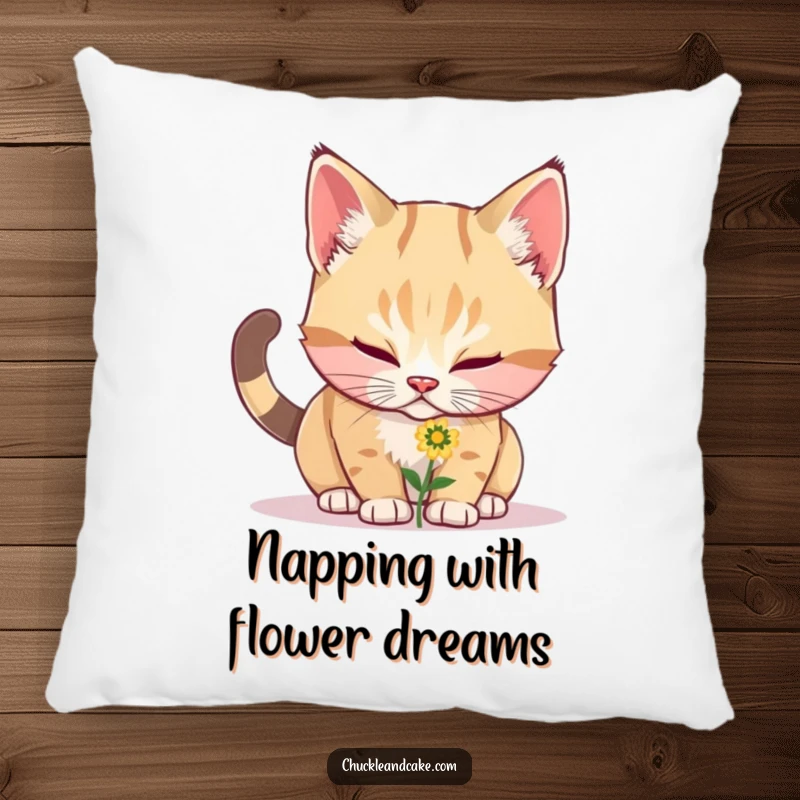 A fluffy Bobtail cat enjoying a humorous moment sniffing a petite flower, artistically depicted on a soft and funny pillow.