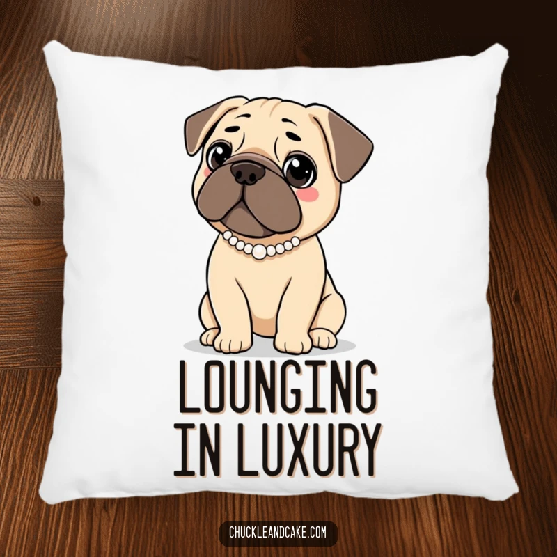 Funny pillow with a Bullmastiff dog adorned with a pearl necklace, looking elegantly sophisticated, perfect for stylish decor.