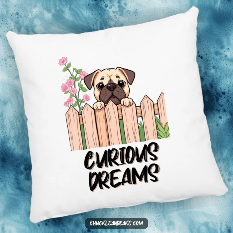 Funny Bullmastiff pillow featuring a dog peeking over a garden fence, perfect for adding humorous, cozy decor.