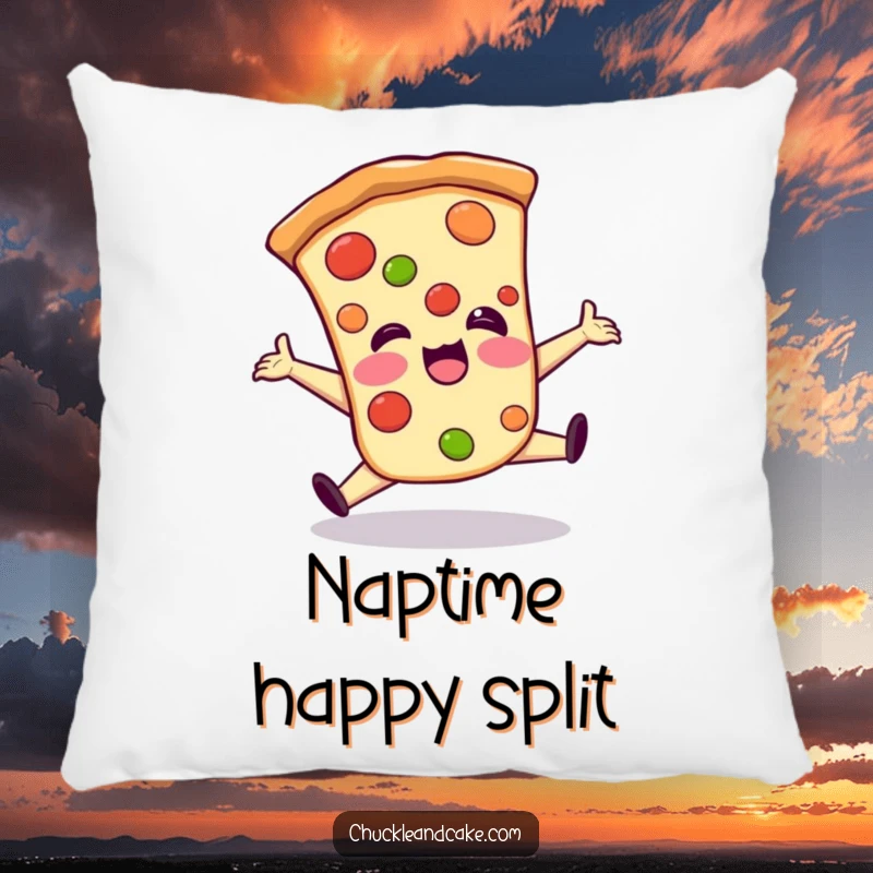 Funny pillow designed as a giggling pizza slice in a clumsy split, offering a soft and humorous decorative accent.