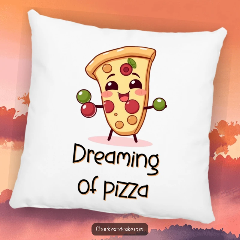 Funny pillow showcasing a giggling pizza slice juggling olives, providing comfort and a humorous, delightful touch.