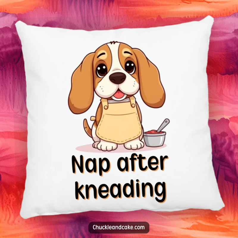 Funny Basset Hound pillow, depicting a droopy-eared dog in a tiny apron, humorously engaged in baking, perfect for cozy enjoyment.