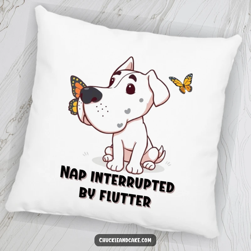 Funny Grand Dane pillow showcasing a dog with a curious expression, observing a small butterfly in its vicinity.
