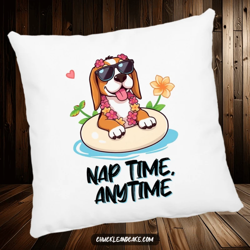 Funny Basset Hound pillow showing a Basset Hound in sunglasses and lei relaxing on a float, perfect for adding a whimsical touch.