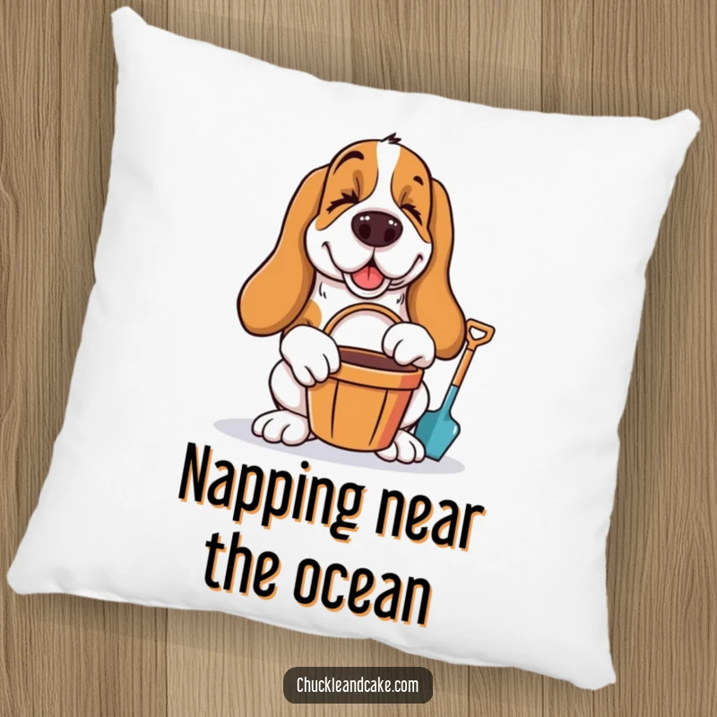 Funny Basset Hound winking with bucket and spade, ready for beach fun, featured on a soft decorative pillow.