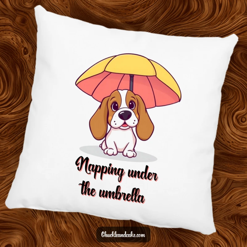 Funny Basset Hound Pillow: A plush pillow featuring a Basset Hound peeking from behind a beach umbrella, offering cozy comfort and humor.