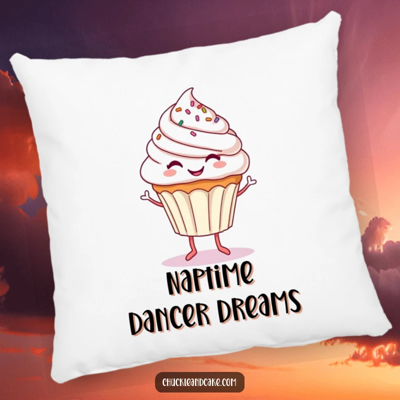 Funny pillow featuring a smiling cupcake with sprinkles and dancing legs, offering a soft, humorous accent for any room.