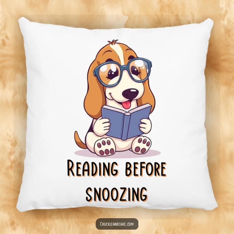 Funny Basset Hound with droopy ears wearing spectacles, reading a tiny book, intellectual dog pillow, cozy bookworm accent, soft funny gift.