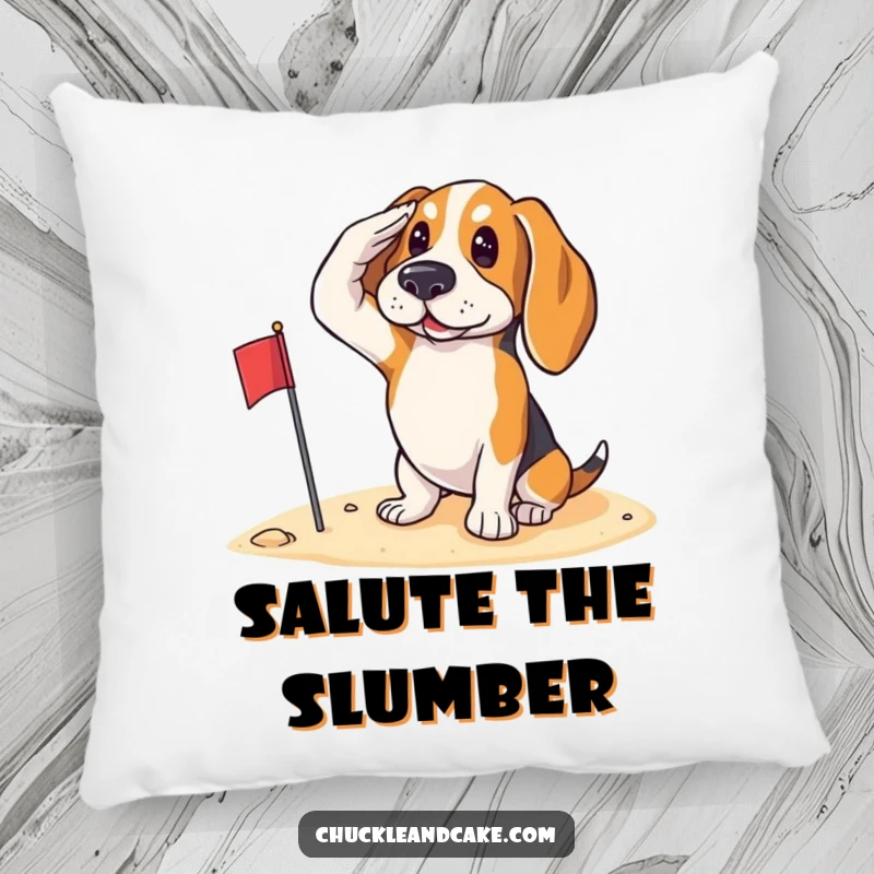 Funny Basset Hound saluting with a small flag on the sand, looking patriotic, featured on a soft decorative pillow.