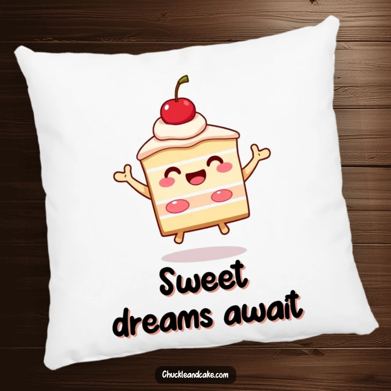 Funny slice of cake with a cherry on top beaming and jumping, a soft pillow featuring a celebratory dessert character for humorous comfort.