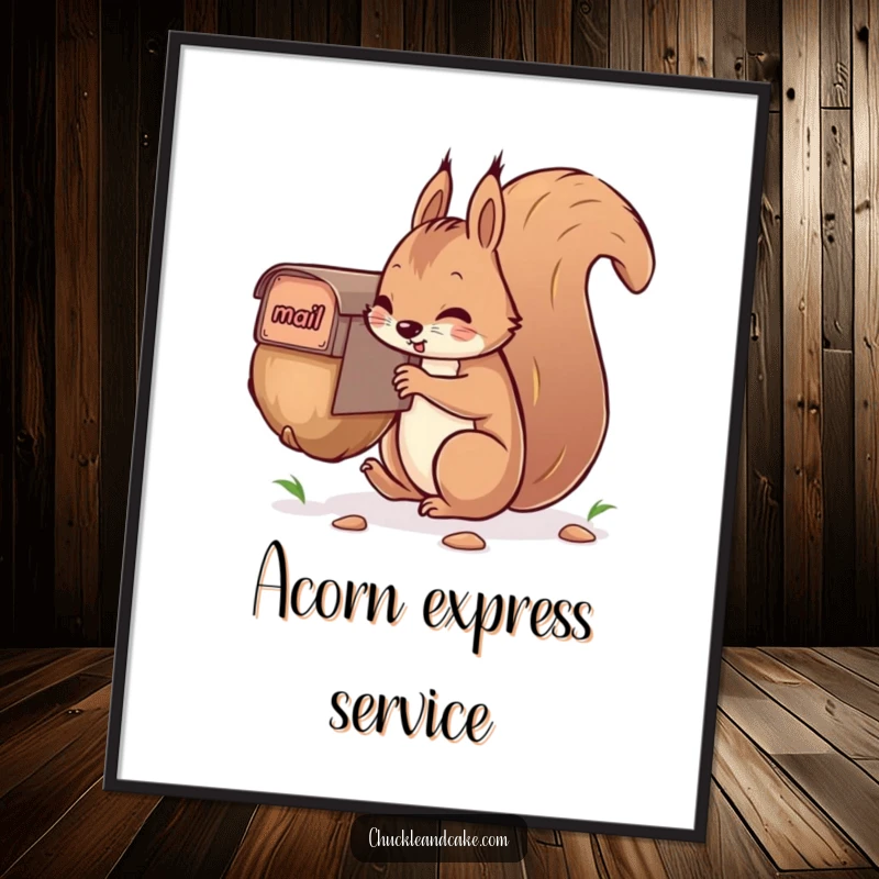 Funny squirrel digital art print, showing a determined squirrel humorously mailing a giant nut, for instant wall decor.