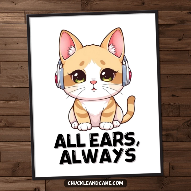 Funny digital art print of a Bobtail cat wearing ear warmers, listening intently, perfect for instant download and charming wall decor.