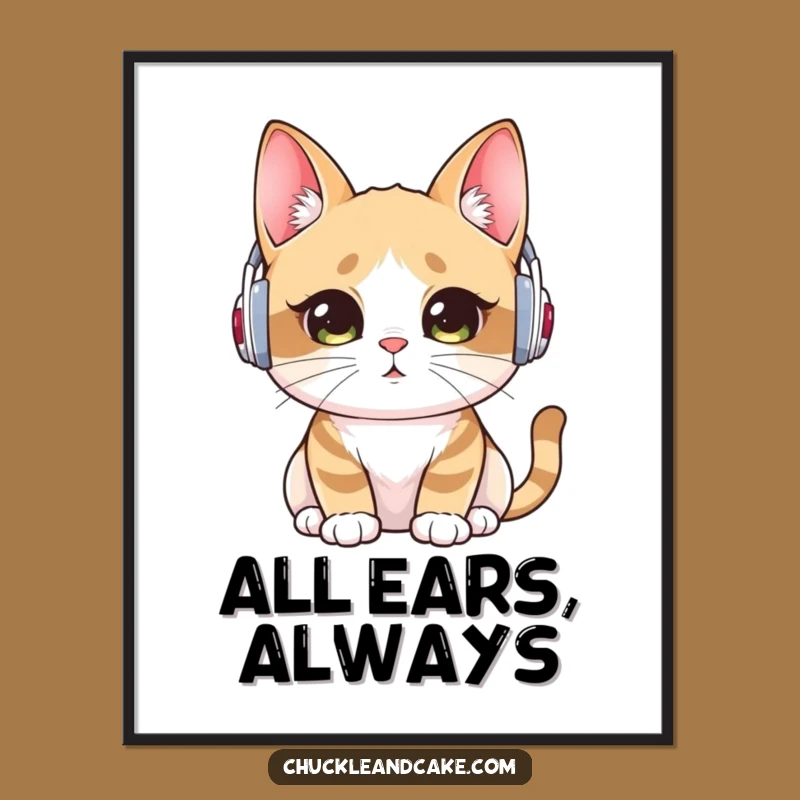 Funny Bobtail Cat Digital Art: Attentive Listener in Ear Warmers