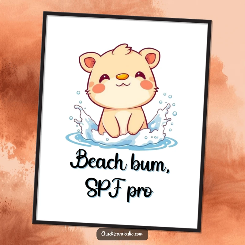 Funny digital art print of a happy animal with sunscreen on its nose, joyfully splashing ocean waves.