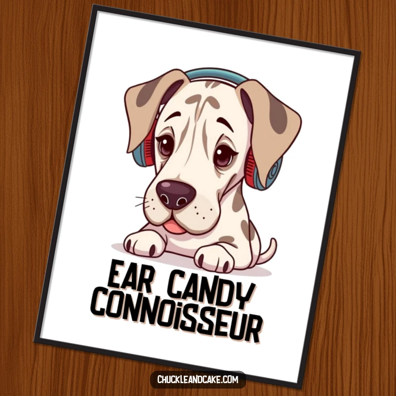 Funny Grand Dane digital art print of a dog wearing ear warmers, eyes closed, blissfully listening to music.