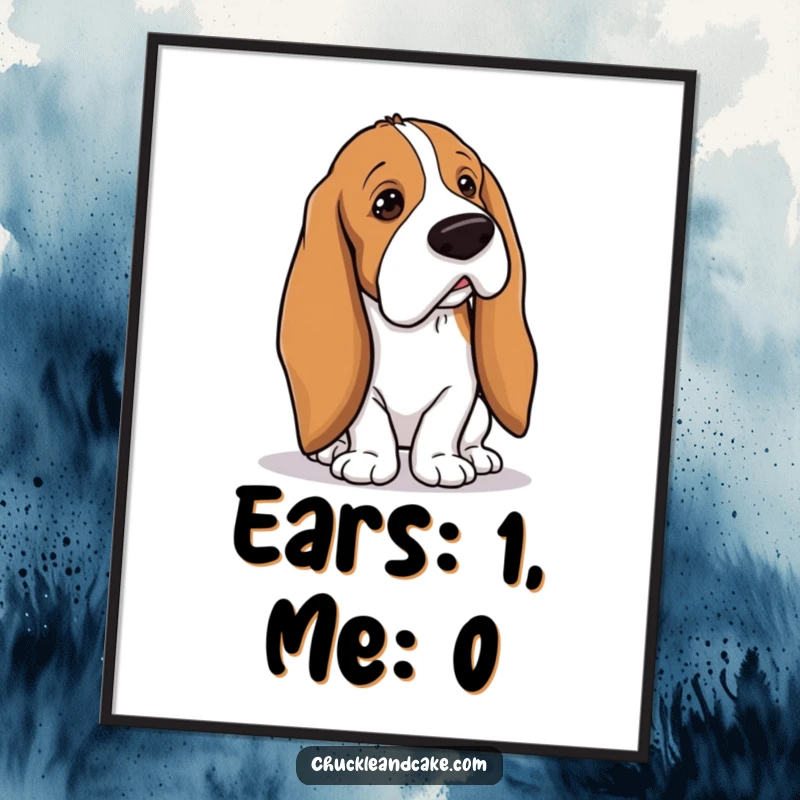 Funny Basset Hound with droopy ears tripping over its own long ears, clumsy dog digital art, droopy ears charm, instant funny gift.